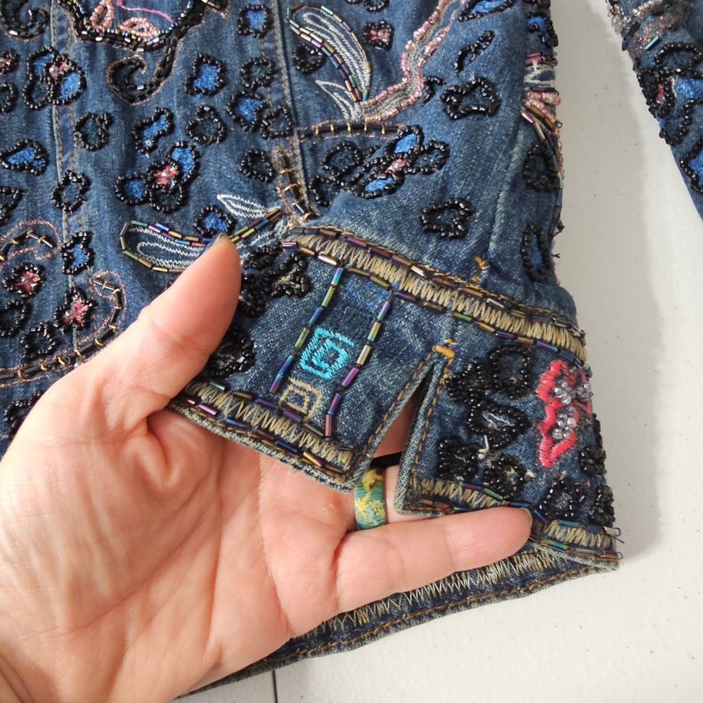 Chicos Heavily Beaded Denim Jacket L Blue Art to Wear Bohemian Paisley Artsy - Picture 10 of 12